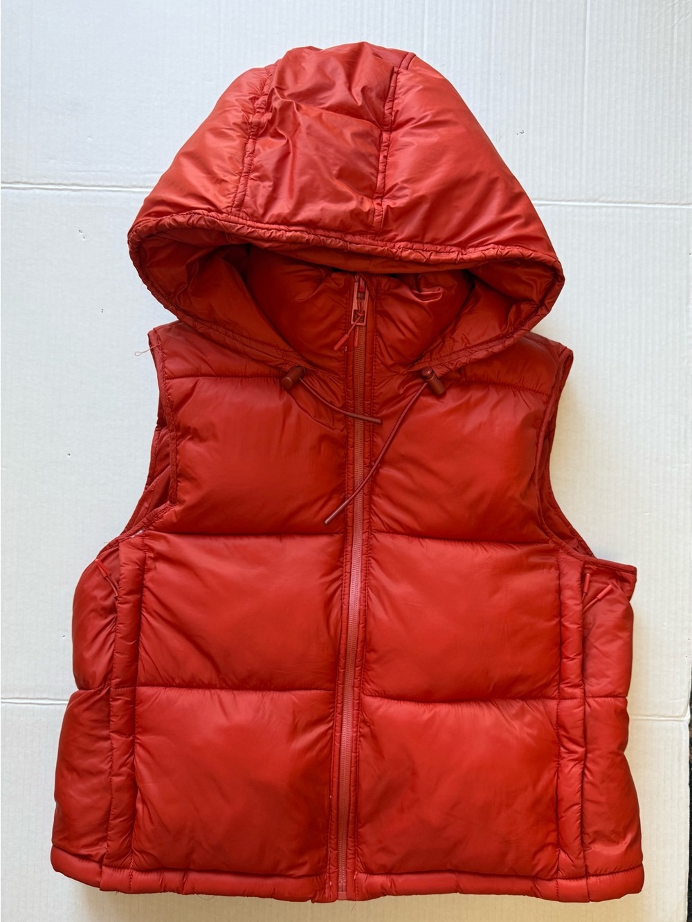 Zara Ladies Orange Puffer Vest with attached hood, Size M, EUC
